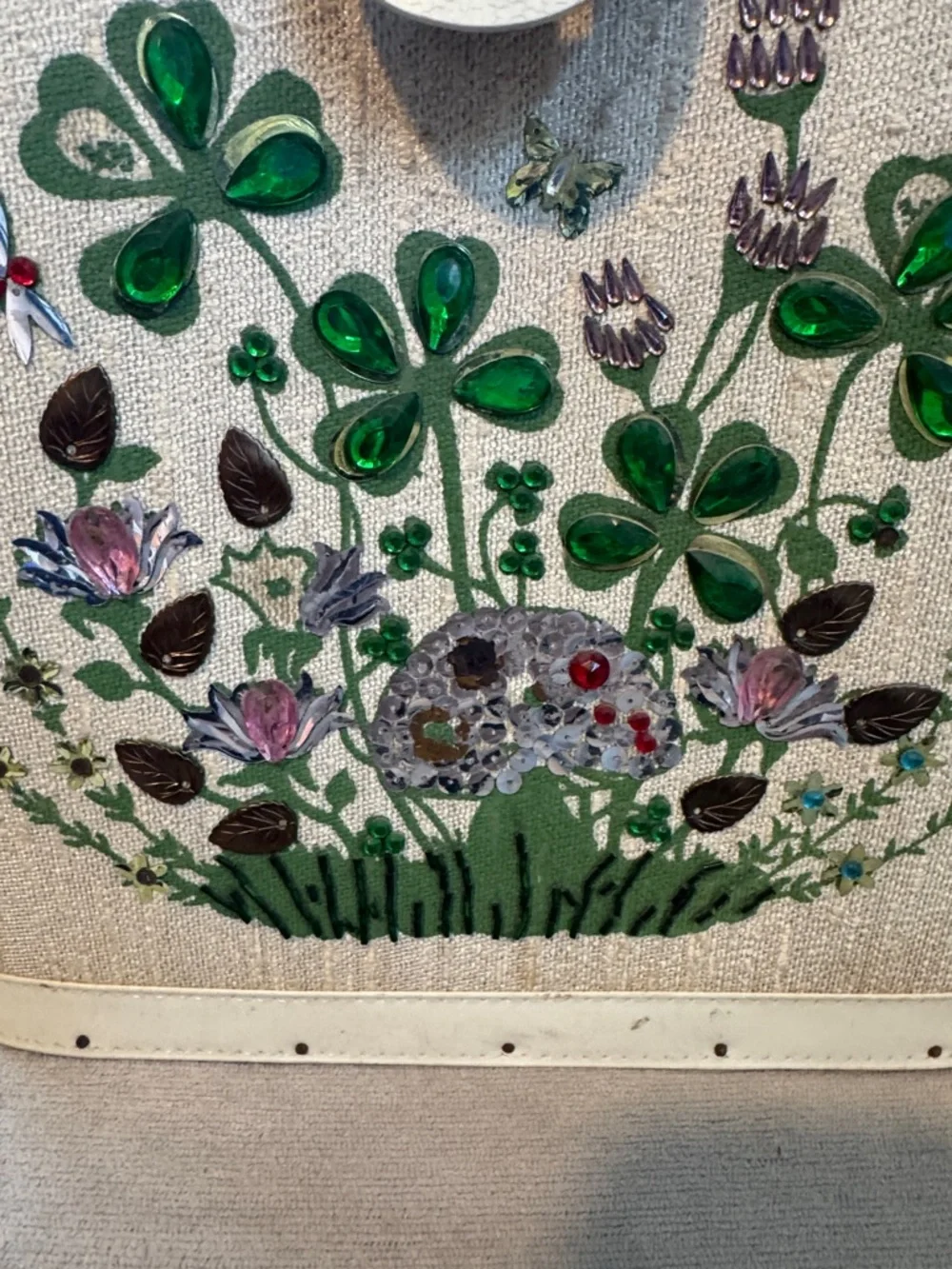 Vintage Cream Tote with Green Floral Appliqué and Jewel Accents - Picture 2 of 12